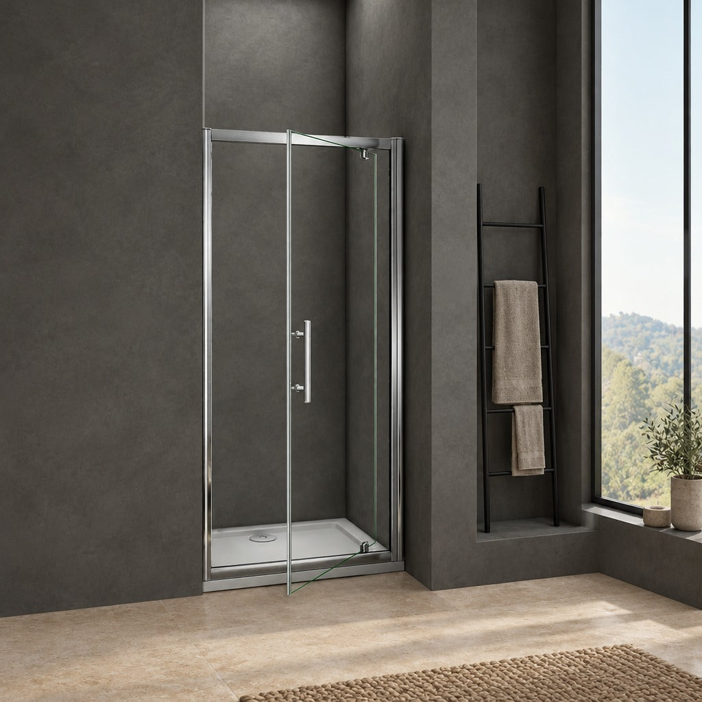 Porte de douche pivotante avec paroi fixe pour niche – en situation dans une salle de bain