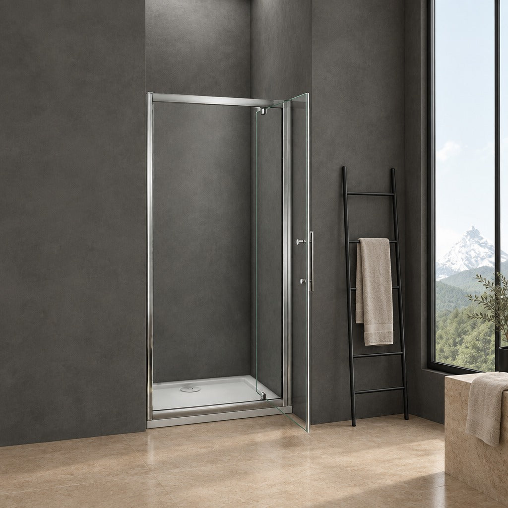 Porte de douche pivotante avec paroi fixe pour niche – en situation dans une salle de bain