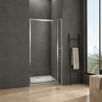 Porte de douche pivotante avec paroi fixe pour niche – en situation dans une salle de bain