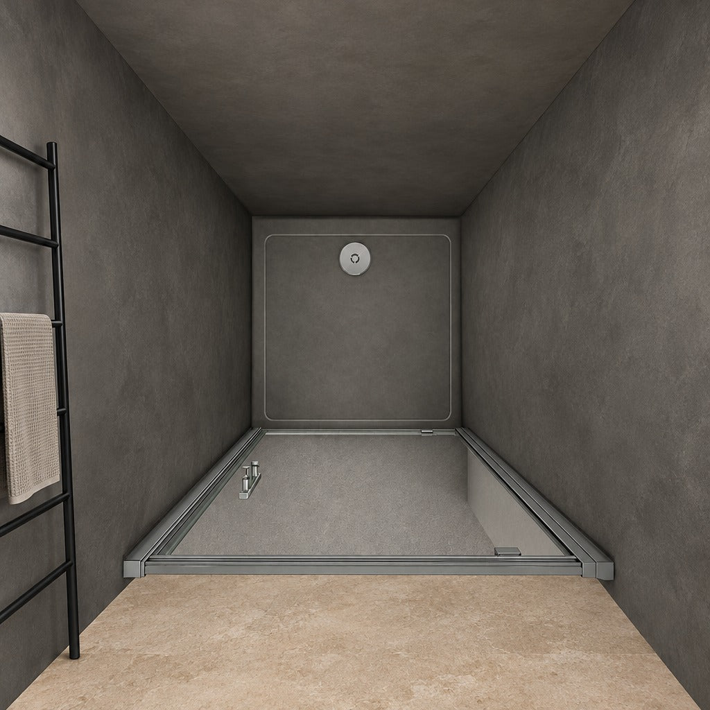Porte de douche pivotante avec paroi fixe pour niche – en situation dans une salle de bain
