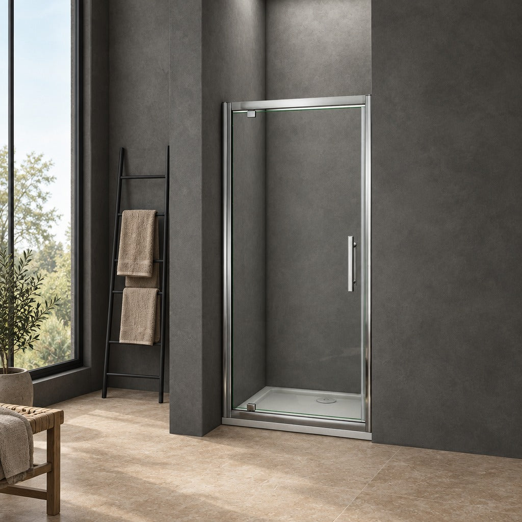 Porte de douche pivotante avec paroi fixe pour niche – en situation dans une salle de bain