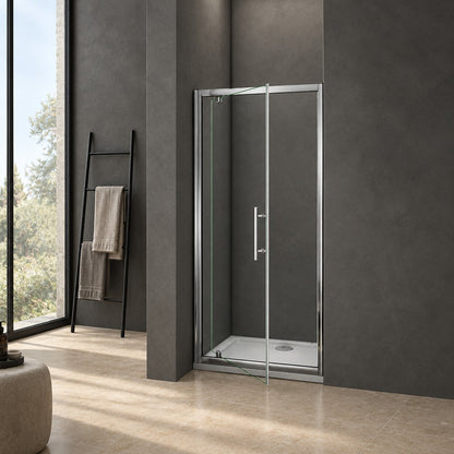 Porte de douche pivotante avec paroi fixe pour niche – en situation dans une salle de bain