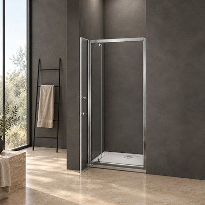 Porte de douche pivotante avec paroi fixe pour niche – en situation dans une salle de bain