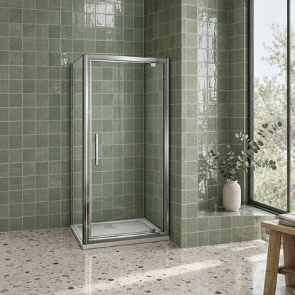 Cabine de douche pivotante accès d'angle – en situation dans une salle de bain