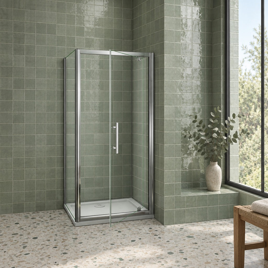 Cabine de douche pivotante accès d'angle – en situation dans une salle de bain