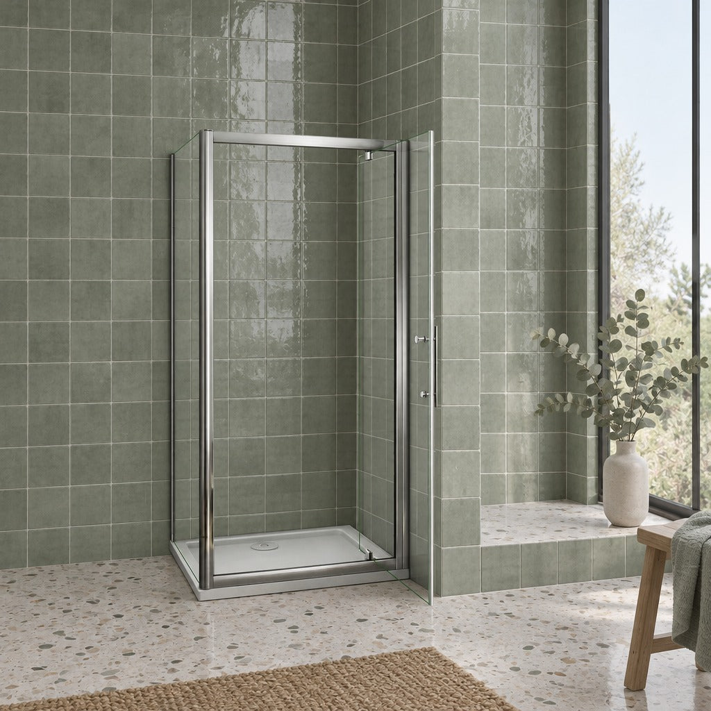 Cabine de douche pivotante accès d'angle – en situation dans une salle de bain