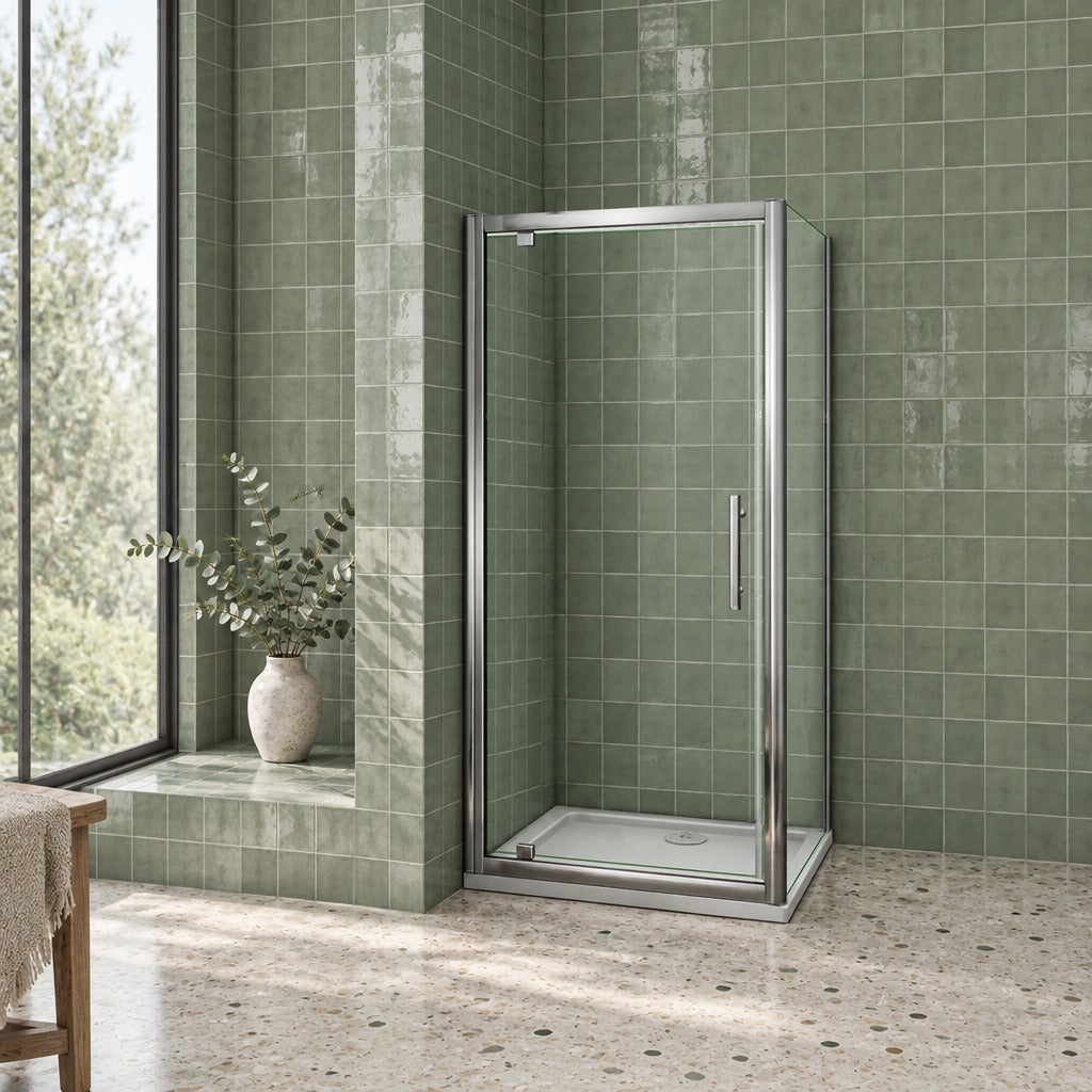 Cabine de douche pivotante accès d'angle – en situation dans une salle de bain