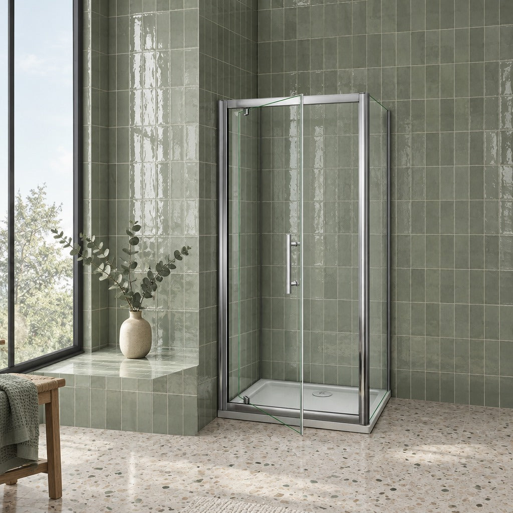 Cabine de douche pivotante accès d'angle – en situation dans une salle de bain