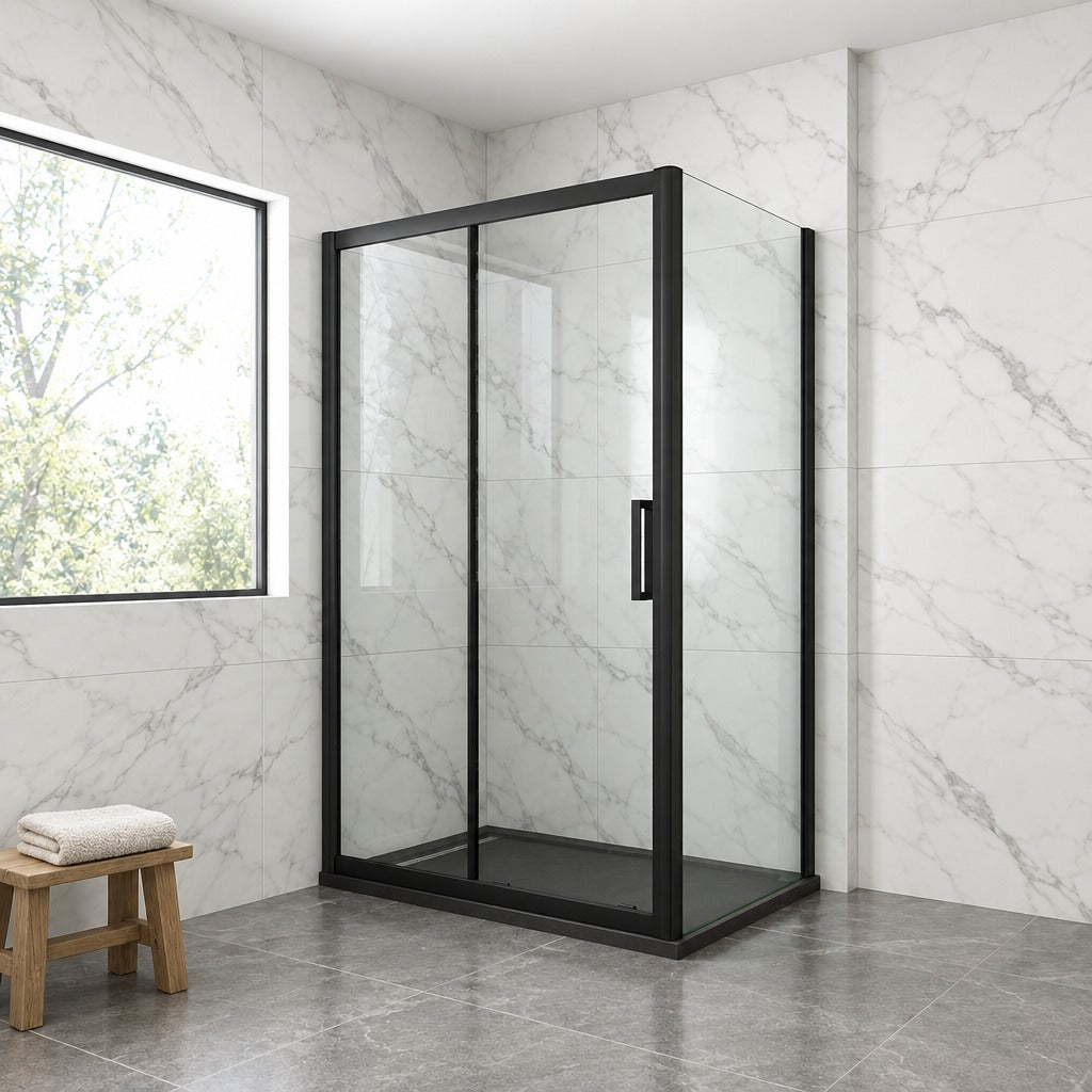 Cabine de douche coulissante accès d'angle – en situation dans une salle de bain