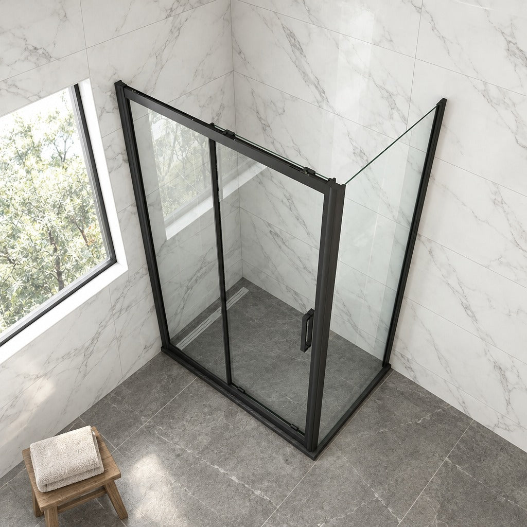 Cabine de douche coulissante accès d'angle – en situation dans une salle de bain