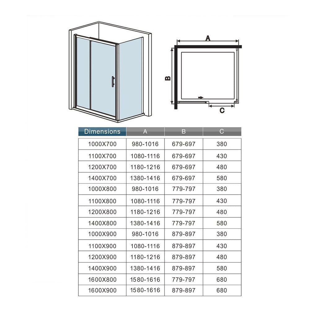Cabine de douche coulissante accès d'angle – schéma et dimensions