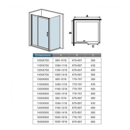Cabine de douche coulissante accès d'angle – schéma et dimensions