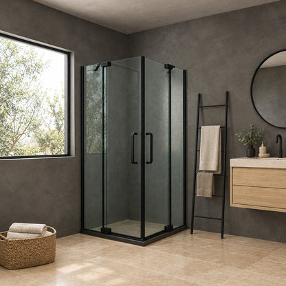 Cabine de douche pivotante accès d'angle – en situation dans une salle de bain