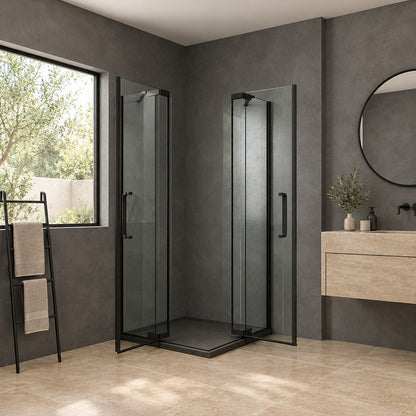 Cabine de douche pivotante accès d'angle – en situation dans une salle de bain