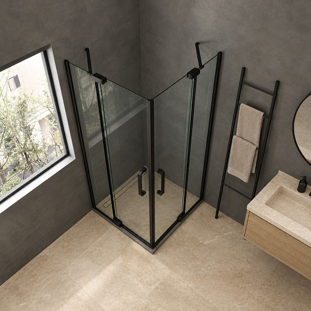 Cabine de douche pivotante accès d'angle – en situation dans une salle de bain