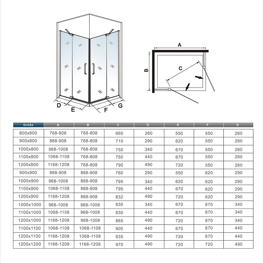 Cabine de douche pivotante accès d'angle – schéma et dimensions