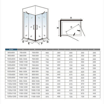 Cabine de douche pivotante accès d'angle – schéma et dimensions