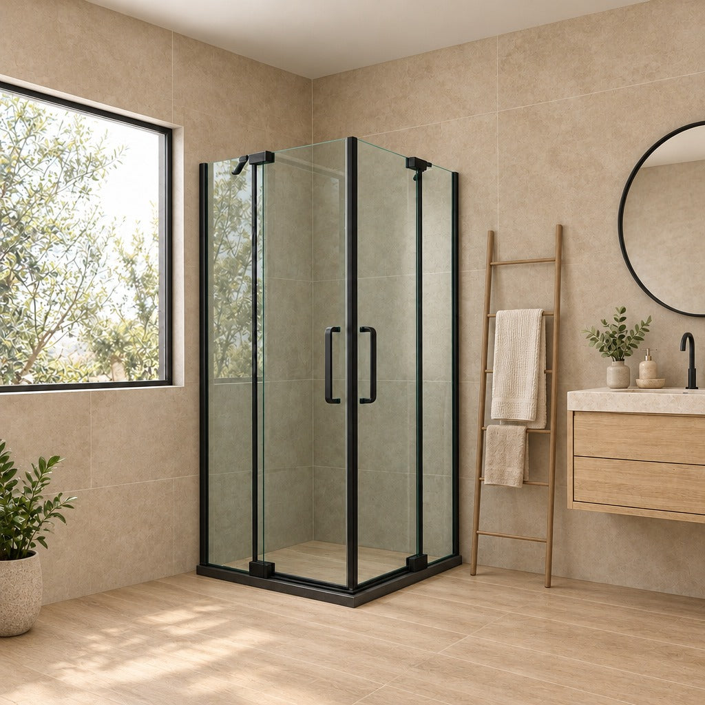 Cabine de douche pivotante accès d'angle – en situation dans une salle de bain