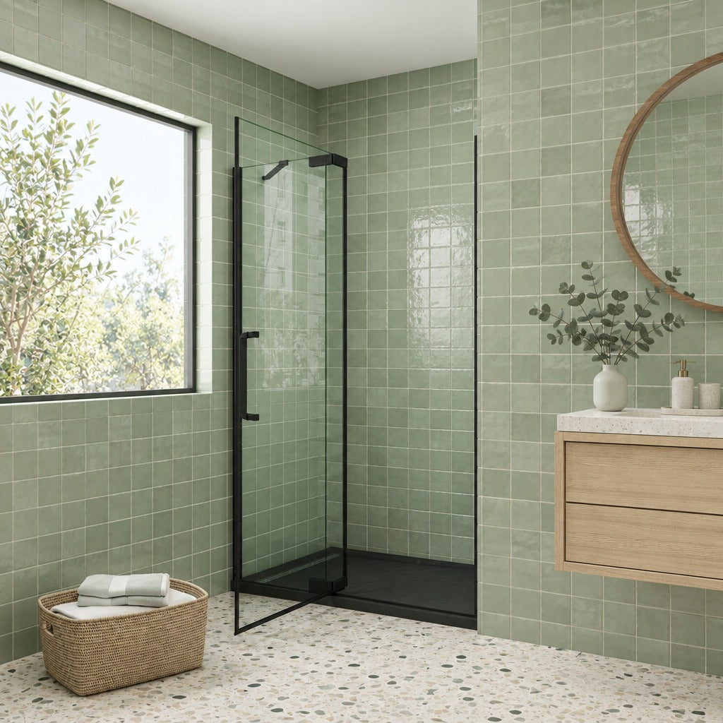 Porte de douche pivotante pour niche – en situation dans une salle de bain