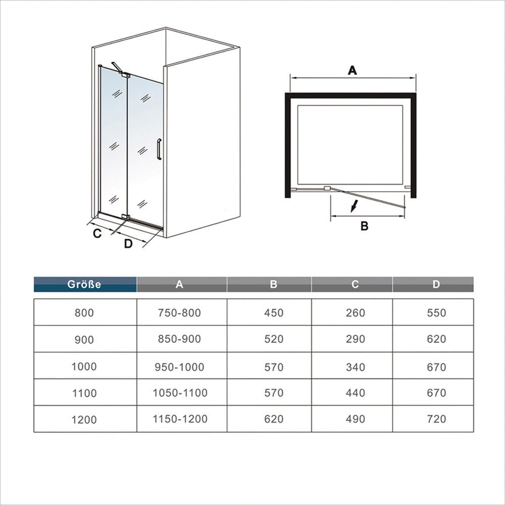 Porte de douche pivotante pour niche – schéma et dimensions