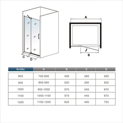 Porte de douche pivotante pour niche – schéma et dimensions