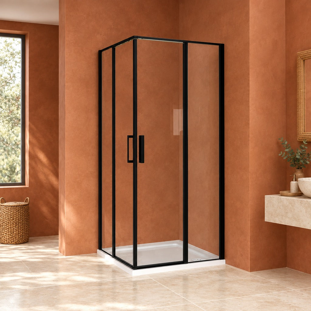 Cabine de douche pivotante accès d'angle – en situation dans une salle de bain