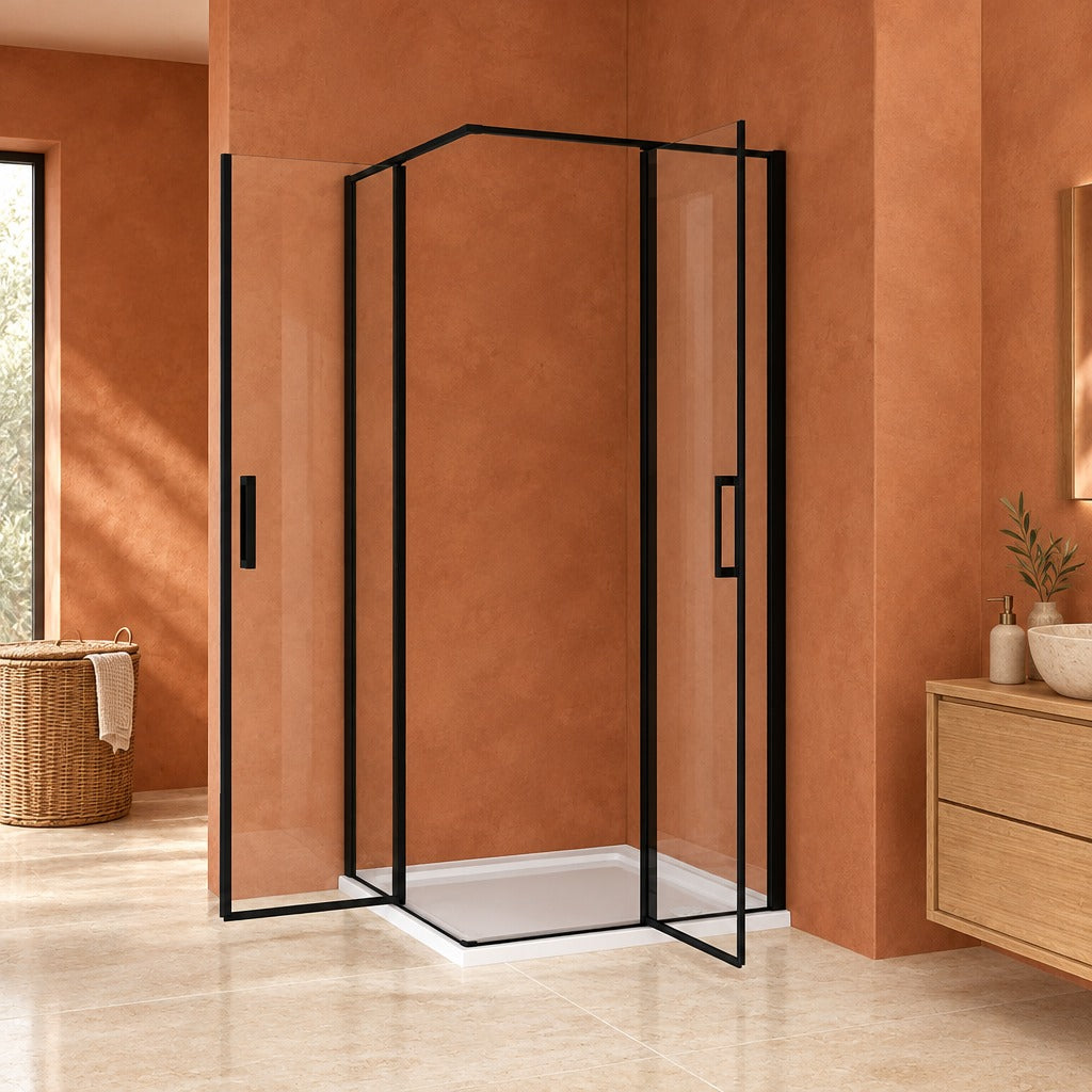 Cabine de douche pivotante accès d'angle – en situation dans une salle de bain