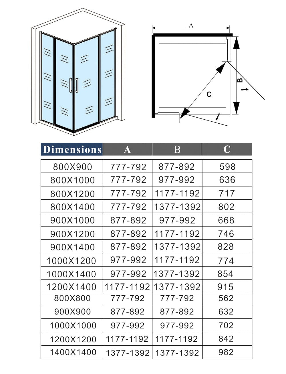 Cabine de douche pivotante accès d'angle – schéma et dimensions