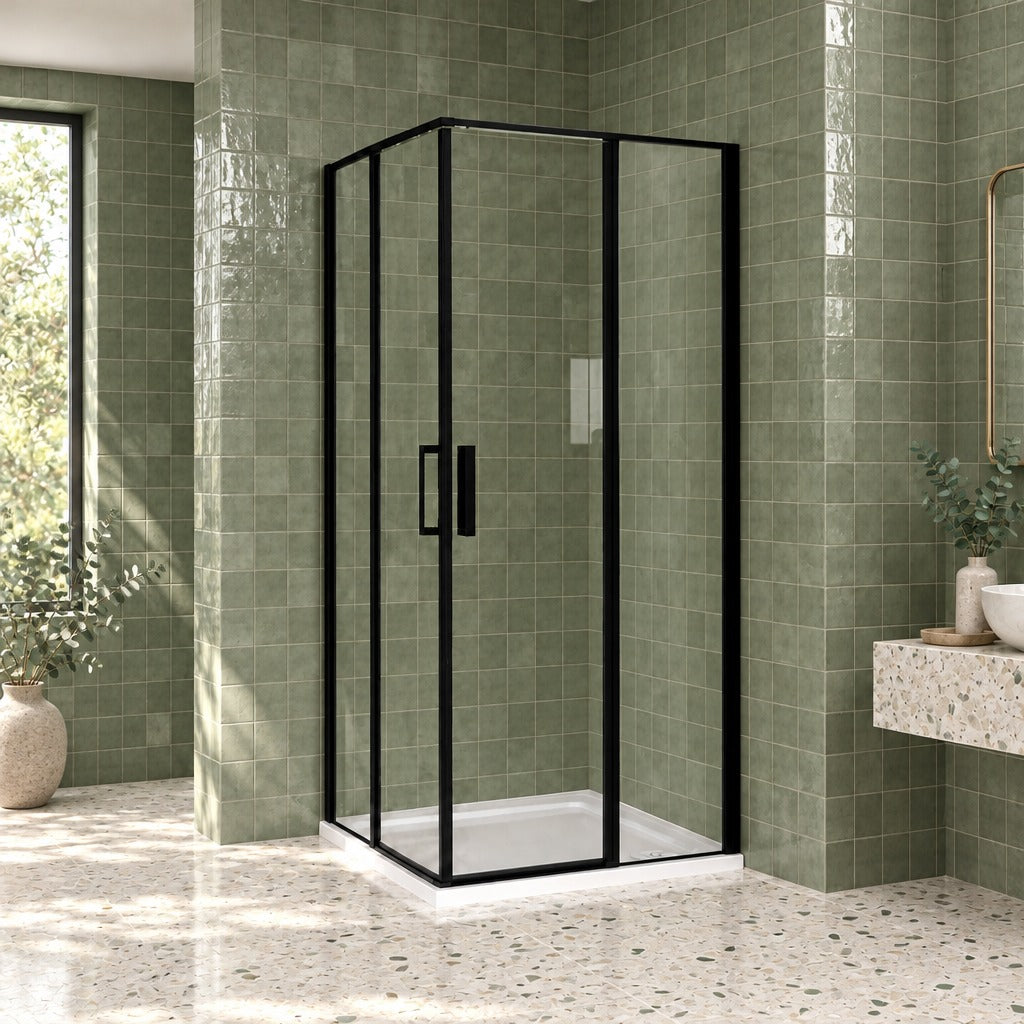 Cabine de douche pivotante accès d'angle – en situation dans une salle de bain