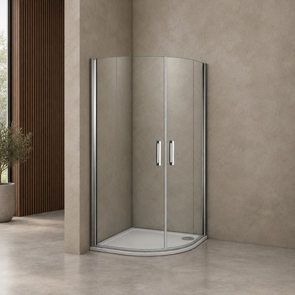 Cabine de douche pivotante quart de cercle – en situation dans une salle de bain