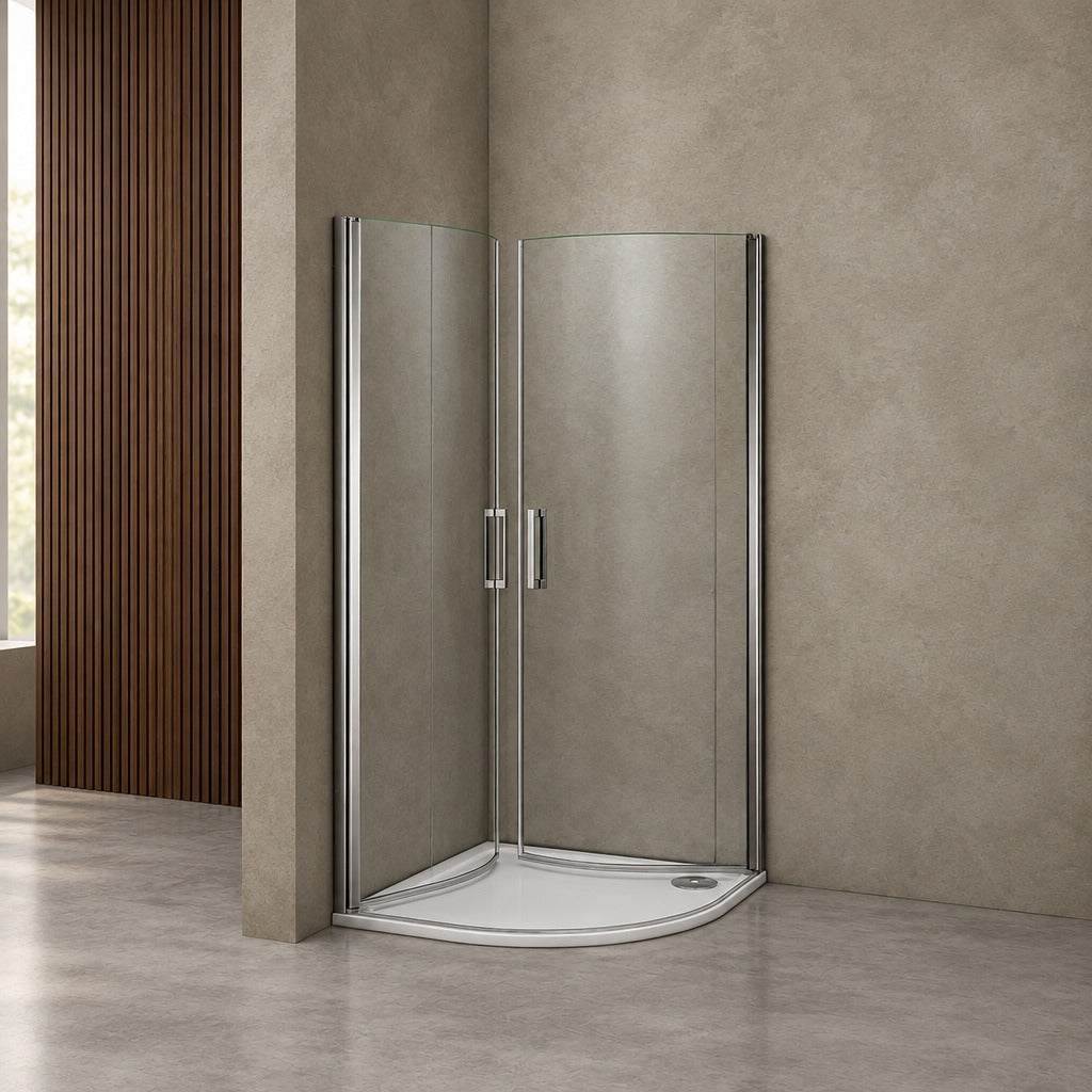 Cabine de douche pivotante quart de cercle – en situation dans une salle de bain