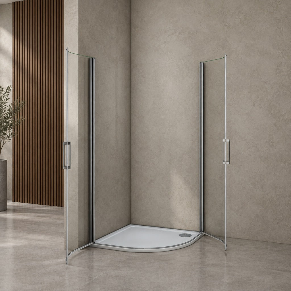 Cabine de douche pivotante quart de cercle – en situation dans une salle de bain