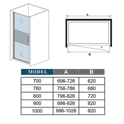 Porte de douche pivotante pour niche – schéma et dimensions