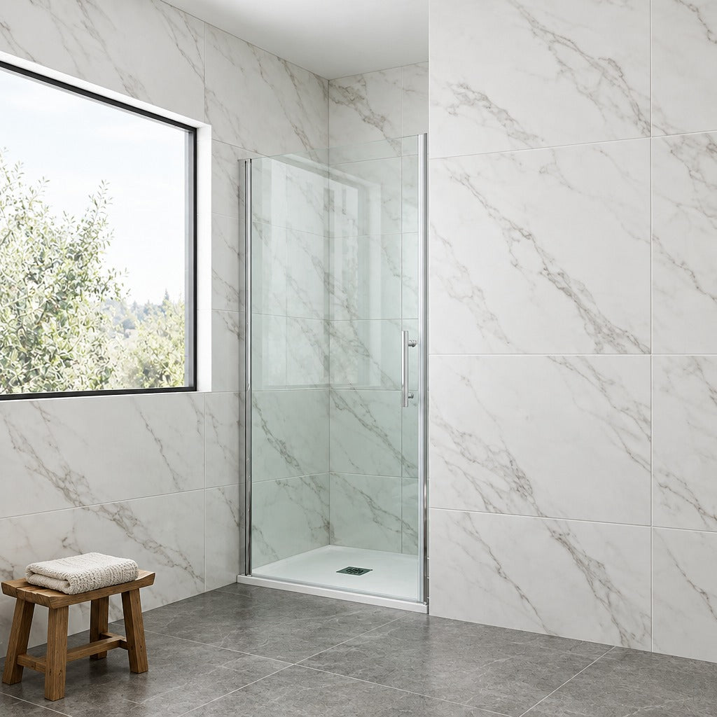 Porte de douche pivotante pour niche – en situation dans une salle de bain