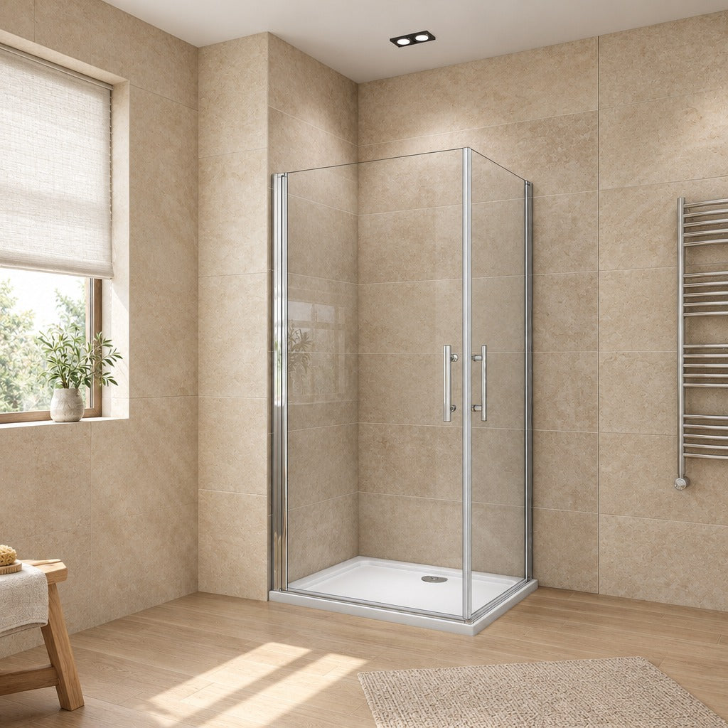 Cabine de douche pivotante accès d'angle – en situation dans une salle de bain