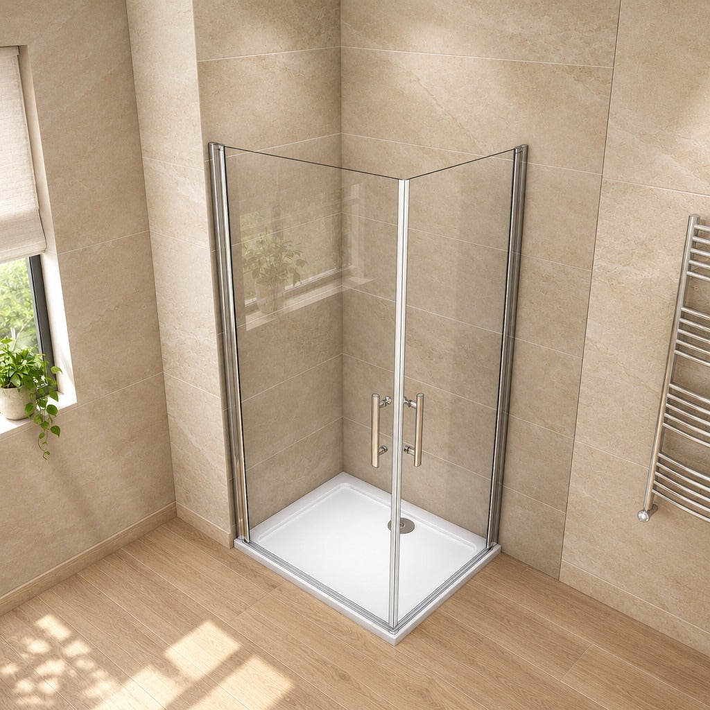 Cabine de douche pivotante accès d'angle – en situation dans une salle de bain