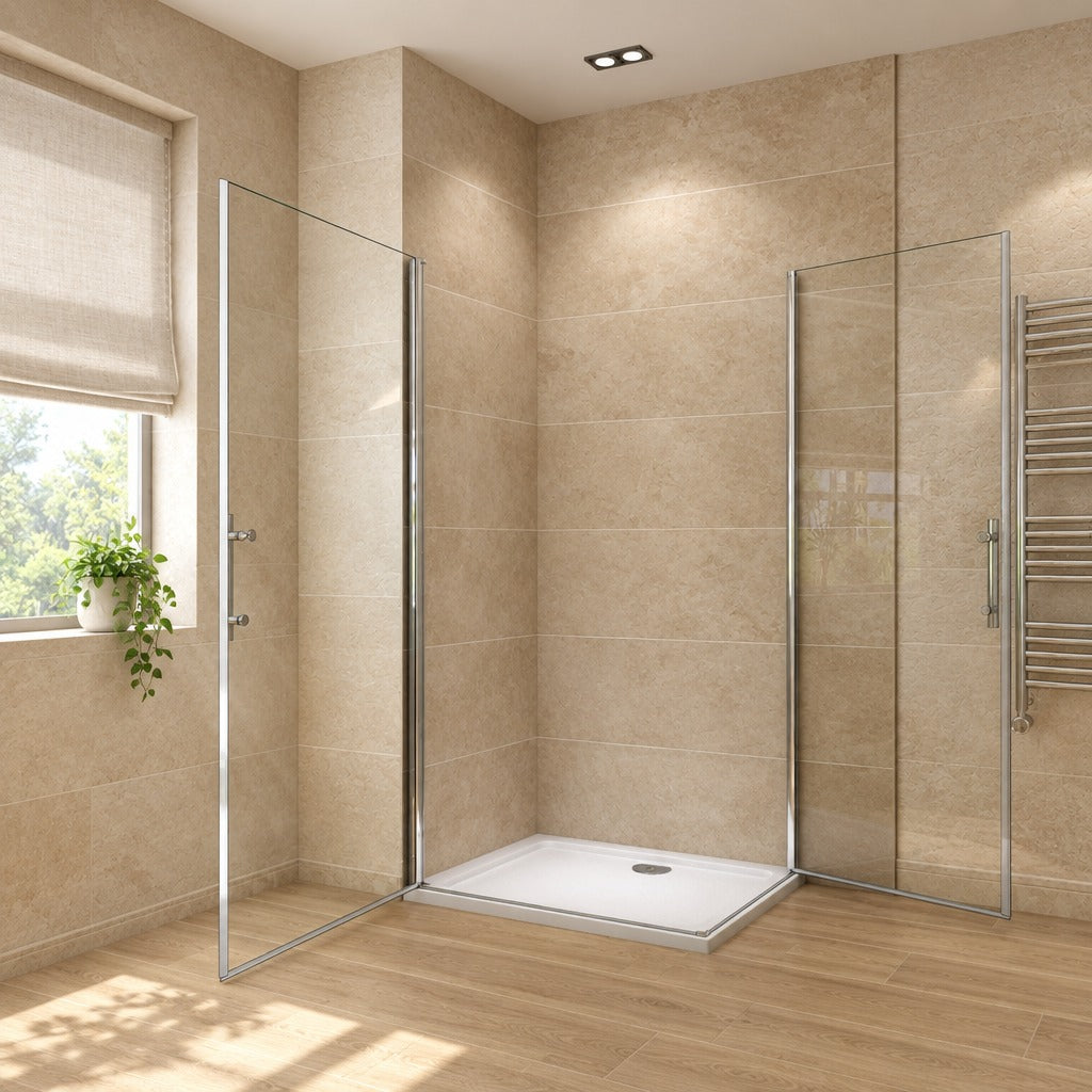 Cabine de douche pivotante accès d'angle – en situation dans une salle de bain