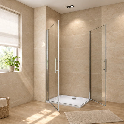 Cabine de douche pivotante accès d'angle – en situation dans une salle de bain