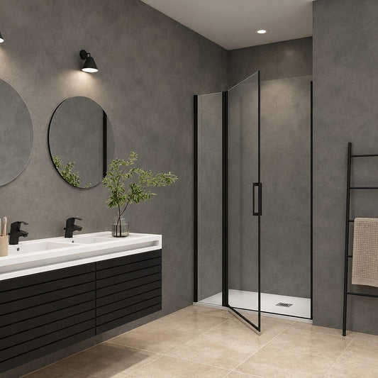 Porte de douche pivotante avec élément fixe pour niche – en situation dans une salle de bain