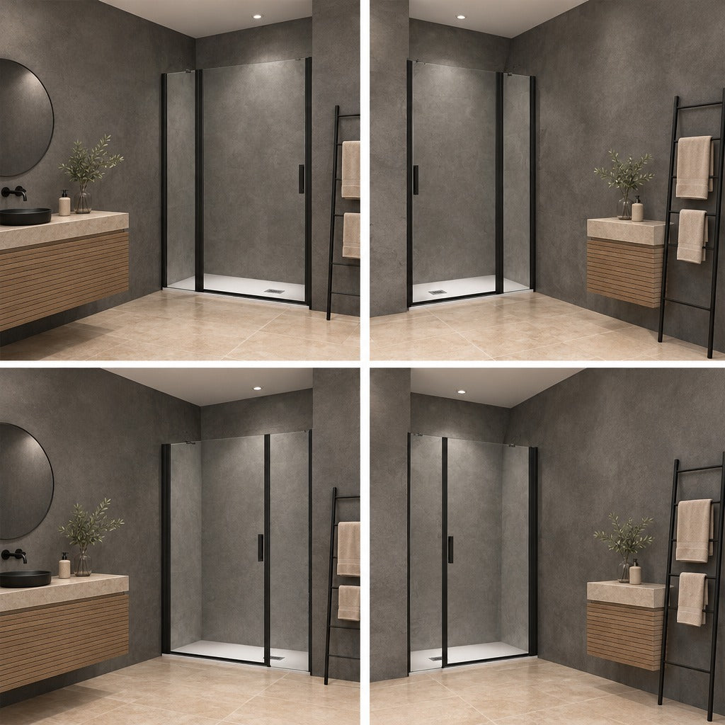 Porte de douche pivotante avec élément fixe pour niche – en situation dans une salle de bain