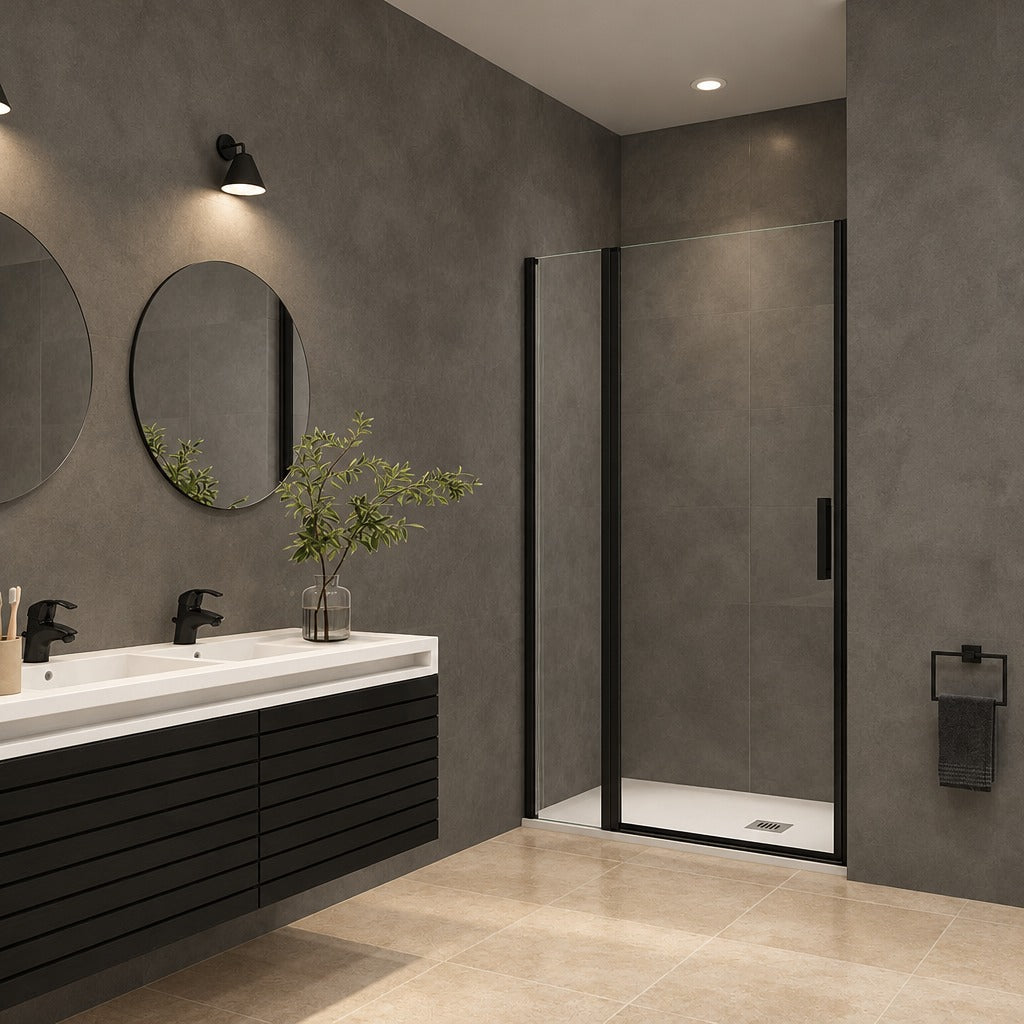 Porte de douche pivotante avec élément fixe pour niche – en situation dans une salle de bain
