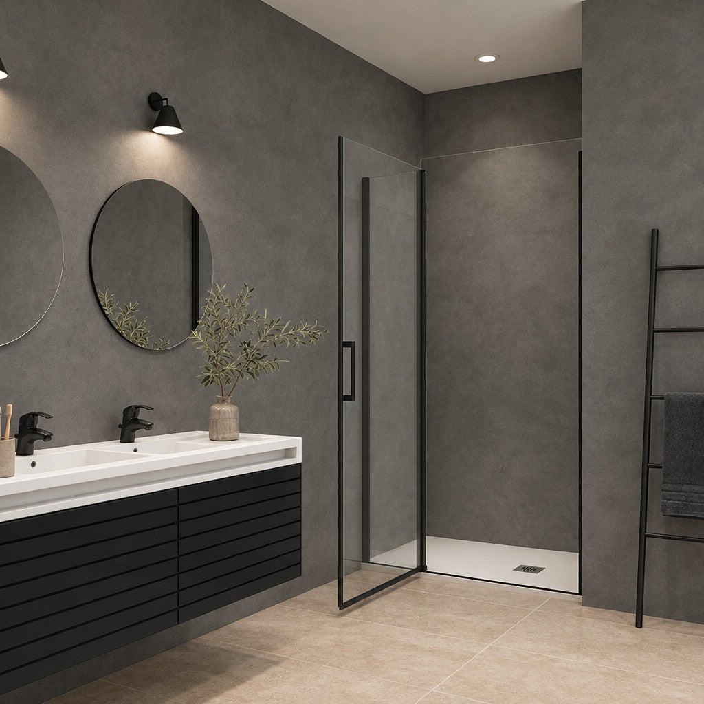 Porte de douche pivotante avec élément fixe pour niche – en situation dans une salle de bain
