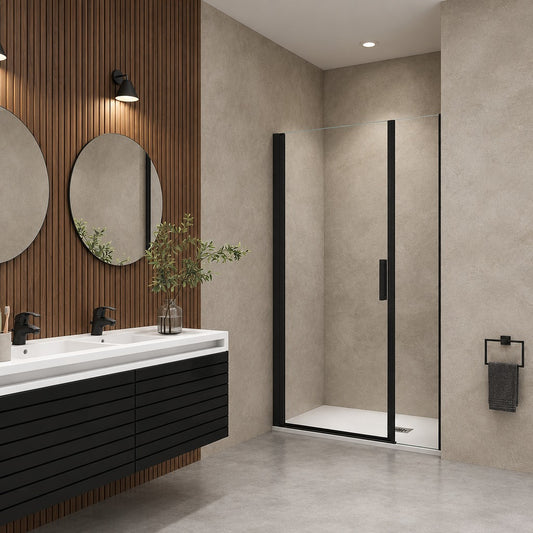 Porte de douche pivotante avec élément fixe pour niche – en situation dans une salle de bain