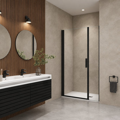 Porte de douche pivotante avec élément fixe pour niche – en situation dans une salle de bain