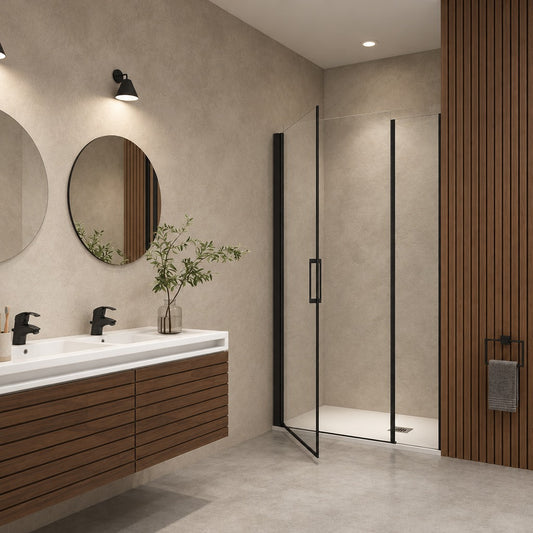 Porte de douche pivotante avec élément fixe pour niche – en situation dans une salle de bain