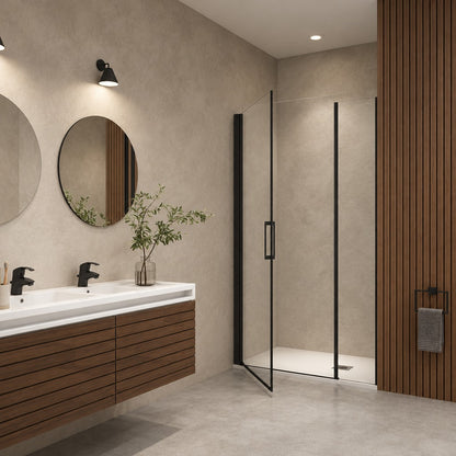 Porte de douche pivotante avec élément fixe pour niche – en situation dans une salle de bain