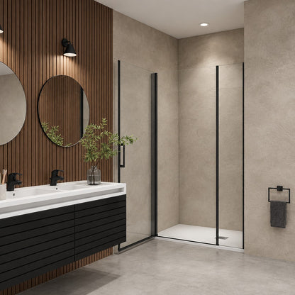 Porte de douche pivotante avec élément fixe pour niche – en situation dans une salle de bain