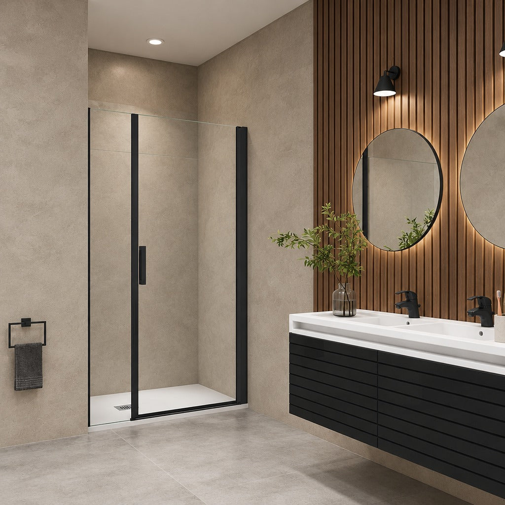 Porte de douche pivotante avec élément fixe pour niche – en situation dans une salle de bain