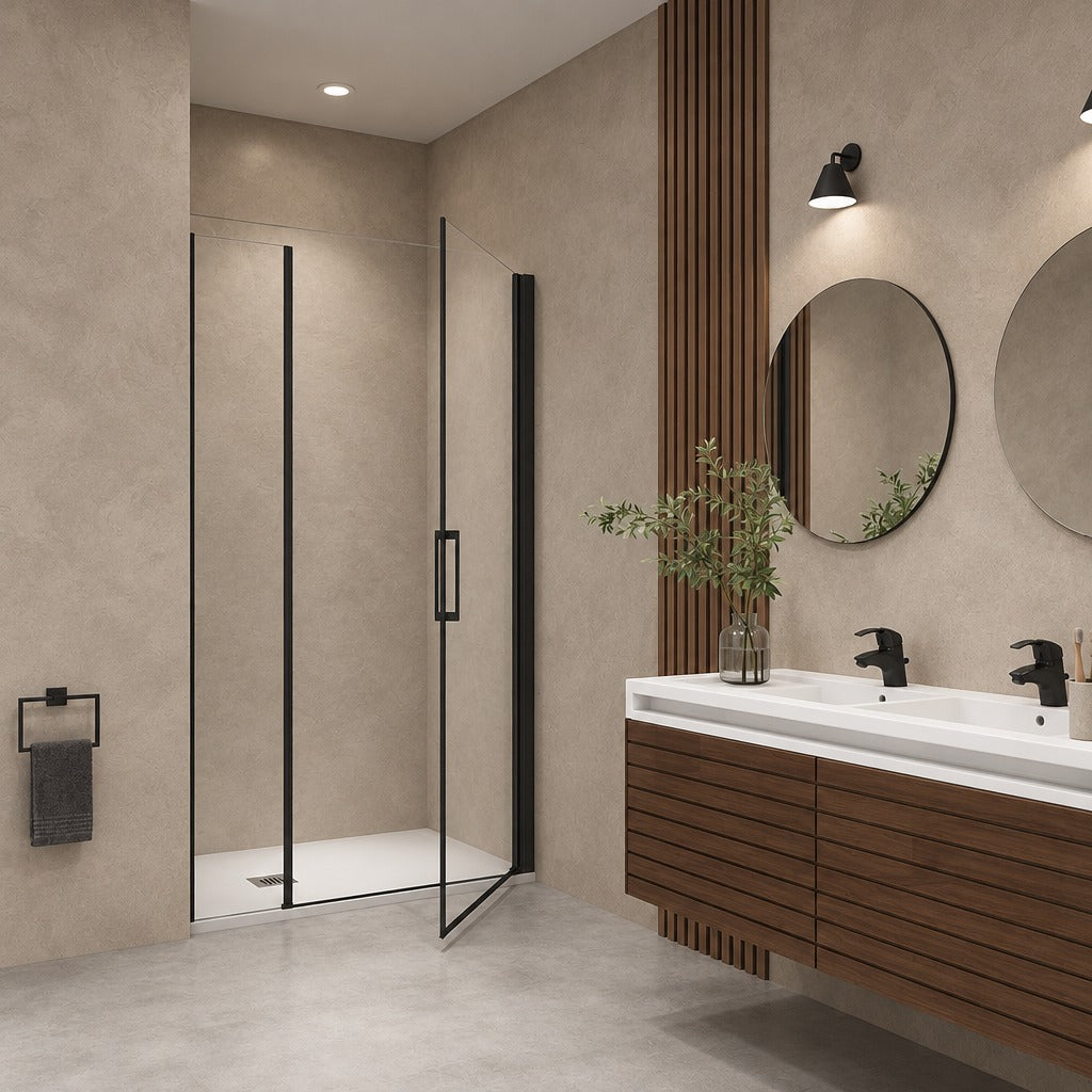 Porte de douche pivotante avec élément fixe pour niche – en situation dans une salle de bain