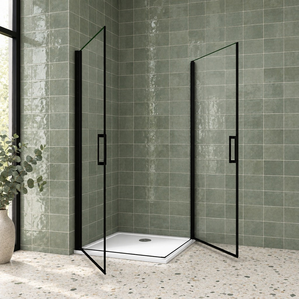 Cabine de douche pivotante accès d'angle – en situation dans une salle de bain